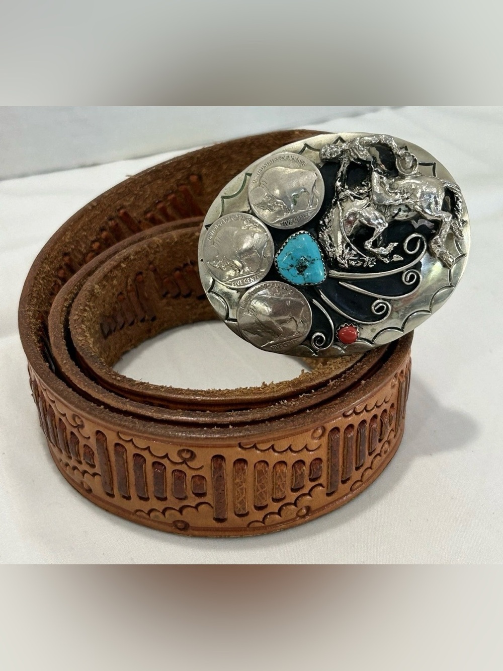 Native American Horse Squaw Wrap Buffalo Nickel Leather Belt Buckle Turquoise